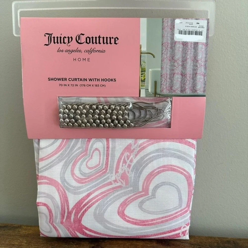 New Juicy Couture White Purple Pink Hearts Fabric Shower Curtain Hooks Set 70x72
